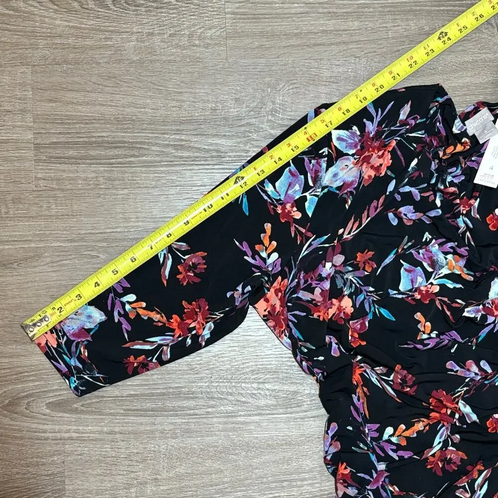 Chico’s NWT Floral Faux Wrap Dress Sz 4 (20-22) Black Multicolor 3/4 Sleeve - Picture 7 of 7
